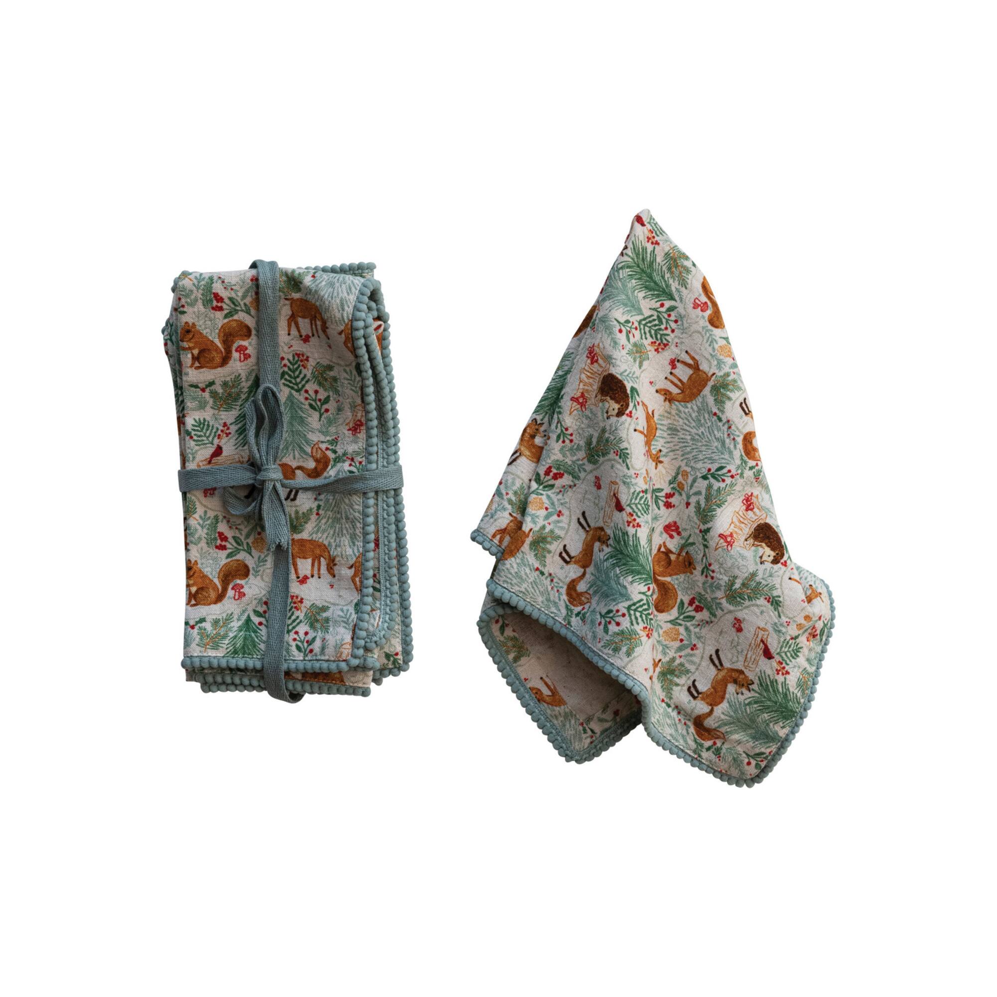 Hello Honey® 18" Multicolor Woodland Flora & Fauna Napkins with Pom Pom Trim, 4ct.